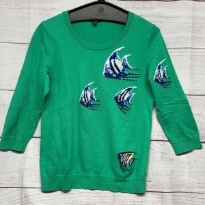 Talbots Green Blue Tropical Fish Pullover Sweater 3/4 Sleeve Size M Holiday